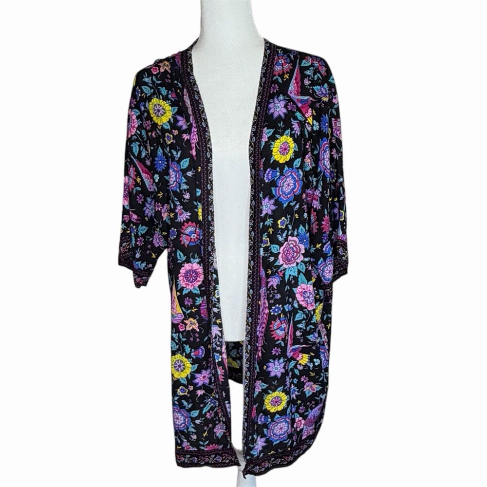 Paani Women's Size Medium Floral Kimono Duster Cover Up Boho Artsy Colorful Bird